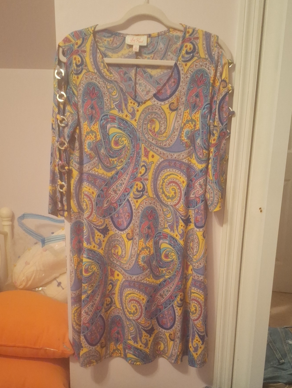 Lisa Todd Yellow & Purple Paisley Long-Sleeve Dress with Grommet Accents